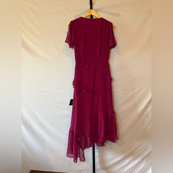 Lulus Women’s Next to You Wine Swiss Dot Ruffled Midi Asymmetrical Dress, Xsmall - Picture 6 of 8